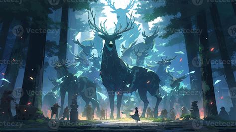 anime style painting of a deer surrounded by people in a forest. generative ai. 28462522 Stock ...