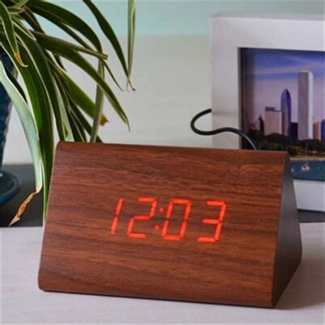 Wood Wooden Digital Alarm Clock, table LED Clocks with Thermometer date, bedside desk desktop ...