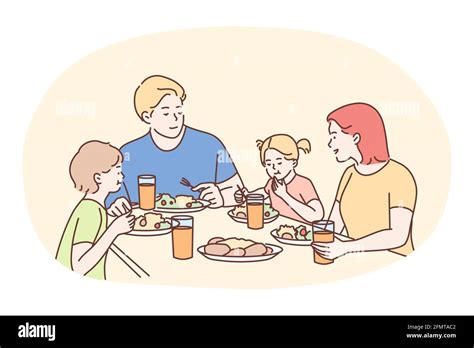 Happy family having dinner or breakfast together at home Stock Vector Image & Art - Alamy