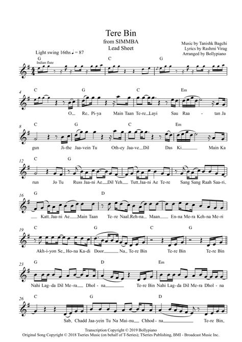 Tere Bin Flute / Violin Notes | Lead Sheet Music PDF