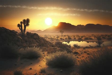 Premium Photo | A desert landscape with a sunset and mountains in the background.