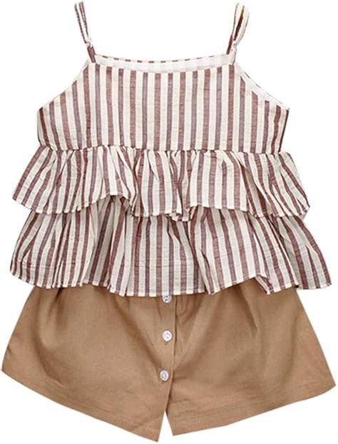 Bbay Toddler Girls Summer Clothes Outfits 2-7 Years Old Kids Stripe Ruffles Vest T-Shirt and ...