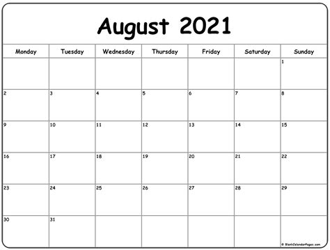 August 2021 Monday Calendar | Monday to Sunday