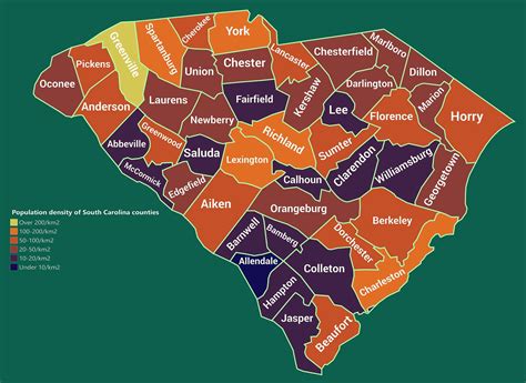 Population density of South Carolina counties (2018) South Carolina, Density, Maps, County ...