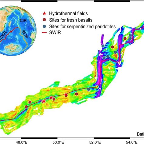 Bathymetry map with known hydrothermal vents and sampling sites. The... | Download Scientific ...