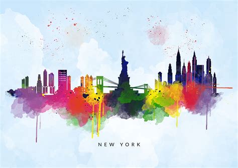 New York City Skyline, Blue Background, Multicolour Watercolour ...