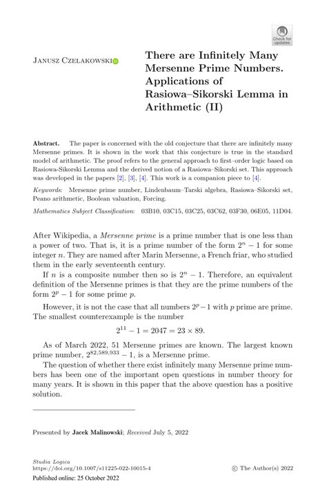 (PDF) There are Infinitely Many Mersenne Prime Numbers. Applications of Rasiowa–Sikorski Lemma ...