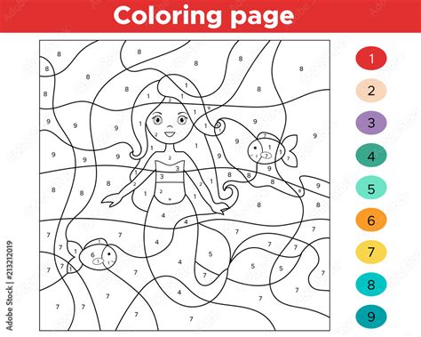 Educational game for kids. Color by numbers. Cartoon mermaid with ...