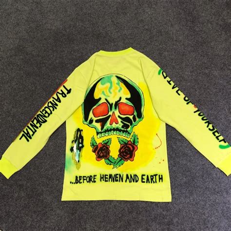 2019 Kanye West Merch Line Skull Printed Women Men Long Sleeve Fluorescent Green T shirts tees ...