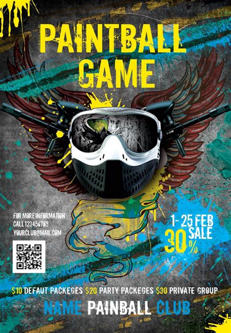 an advertisement for paintball game with wings and goggles on the front, against a grungy background