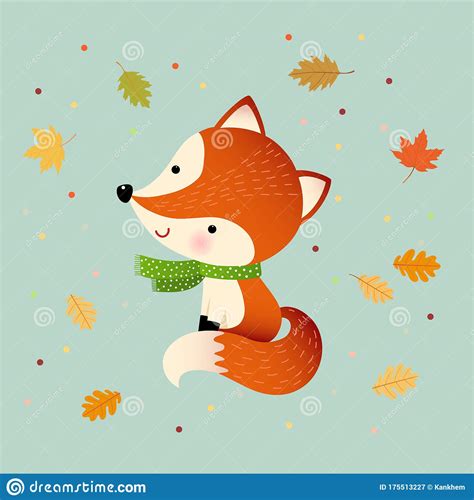 Cartoon Cute Red Fox with Autumn Leaves. Hello Autumn Background Stock Vector - Illustration of ...