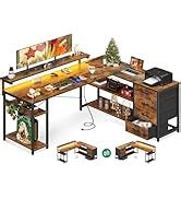 Amazon.com: AODK 61" L Shaped Desk with Drawer, Computer Desk with Power Outlets & LED Lights ...