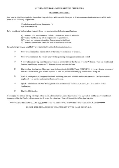 Application For Limited Driving Privileges - Chillicothe Municipal Court, Ohio printable pdf ...