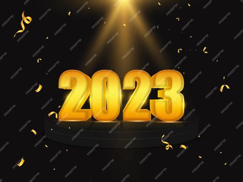 Premium Vector | 3d golden 2023 number over podium or stage with confetti ribbon and focus light ...