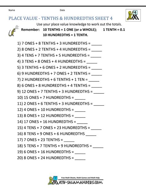 Decimal Place Value Worksheets 4th Grade