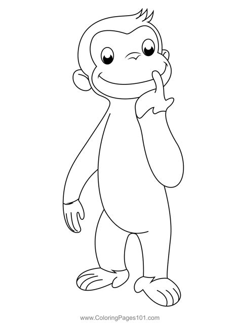 George Thinking Coloring Page for Kids - Free Curious George Printable ...