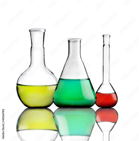 Science lab bottles with colored liquids inside Stock Photo | Adobe Stock