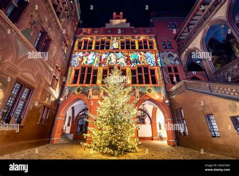 Christmas tree at town hall of Basel, a five hundred years old building ...