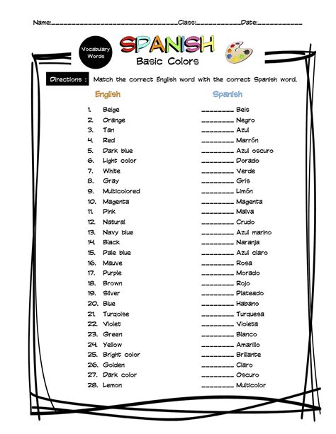 Spanish Worksheets Vocabulary