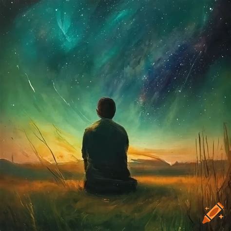 Painting of a man sitting alone under a starry night sky on Craiyon