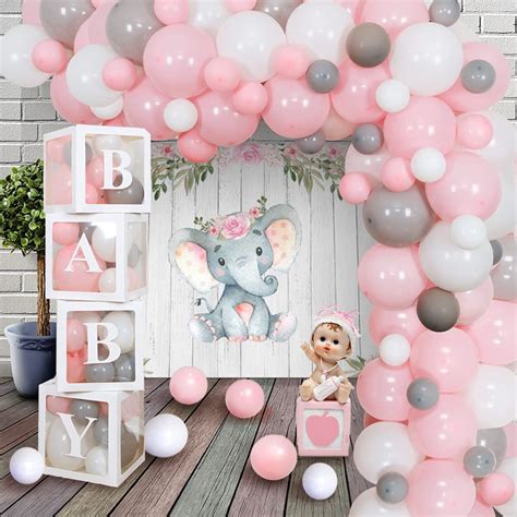 Elephant Baby Shower Decorations for Girl,Balloon Arch Garland Kit Pink and Gray Backdrop Banner ...