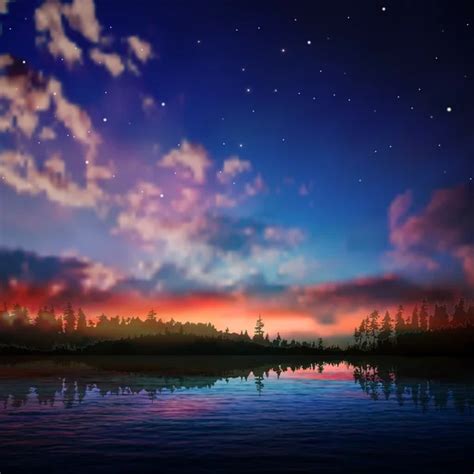 Abstract night nature background with forest lake - Stock Image ...