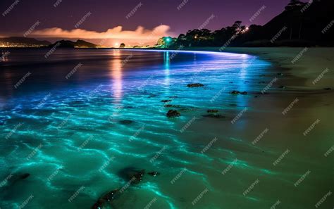 Premium AI Image | The beach at night with the lights on