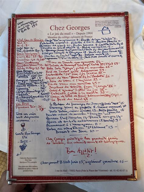 Menu at Chez Georges restaurant, Paris, 1 Rue du Mail