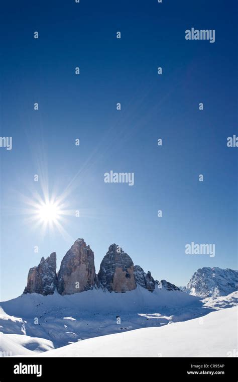 Drei Zinnen mountain and Cristallo mountain group as seen from Drei Zinnen Huette mountain lodge ...