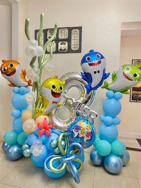 Baby shark balloons arrangement in 2021 | Shark themed birthday party ...