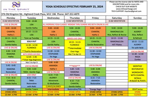 SCHEDULE & RATES – IN THE SPIRIT YOGA STUDIO, WINE LOUNGE & BOUTIQUE