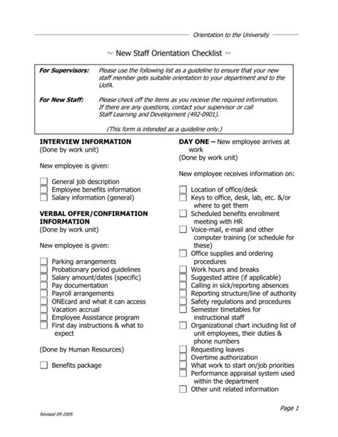 New Staff Orientation Checklist ~ Page 1 Revised 09