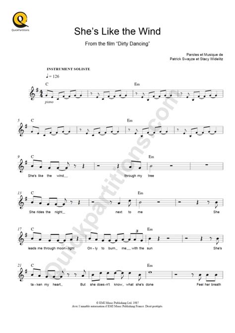 She's Like the Wind (Dirty Dancing) Leadsheet Sheet Music from Patrick ...