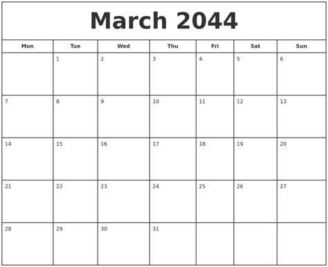 March 2044 Print Free Calendar