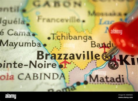 Location Brazzaville in Congo, map with push pin closeup, travel and journey concept with marker ...