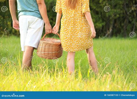 Young Couple with Picnic Basket Stock Image - Image of male, back ...