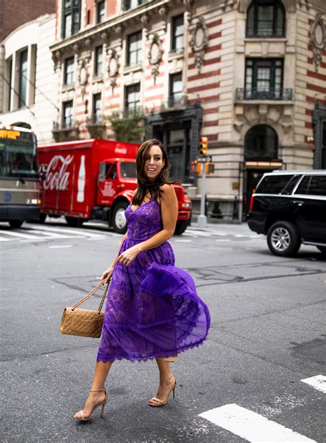 Sydne Style wears tadashi shoji lace dress for best purple dresses ...