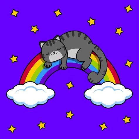 Premium Vector | Gray cat sleeps on a rainbow Night sky and stars Vector illustration