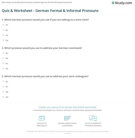 Quiz & Worksheet - German Formal & Informal Pronouns | Study.com