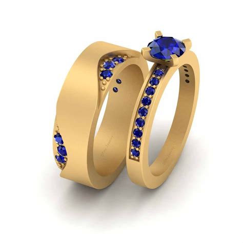 Matching Sapphire Wedding Ring Set His and Her Couple Set Yellow Gold