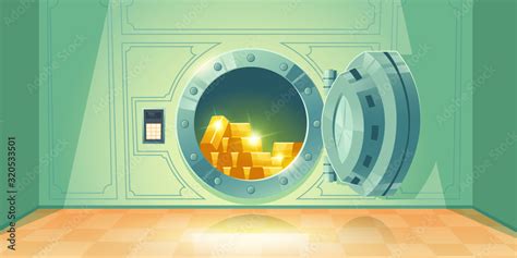 Bank vault with open safe door. Vector cartoon illustration of room ...