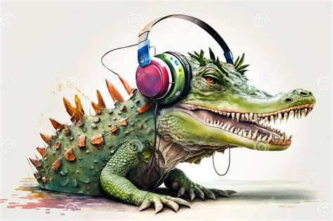 Crocodile Listening To Music with Headphones Stock Illustration ...