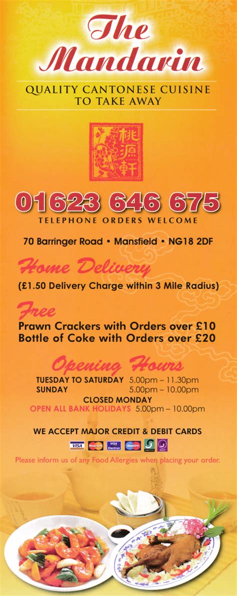 Menu for The Mandarin Chinese takeaway on Barringer Road in Mansfield