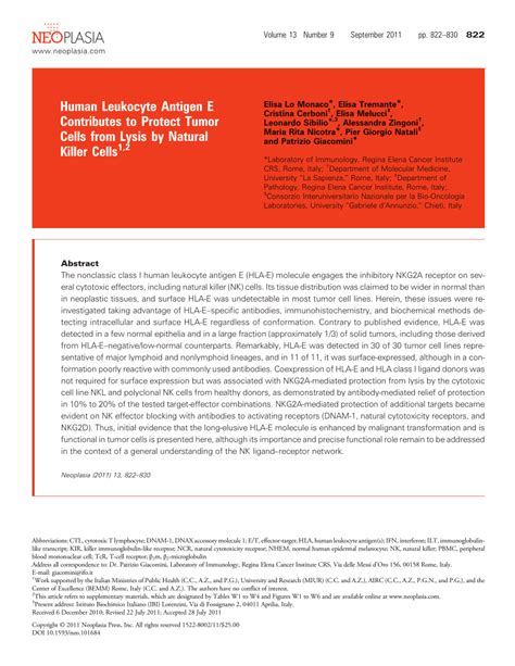 (PDF) Human Leukocyte Antigen E Contributes to Protect Tumor Cells from Lysis by Natural Killer ...