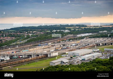 Euotunnel Le Shuttle trains waiting at the Folkestone terminal before ...