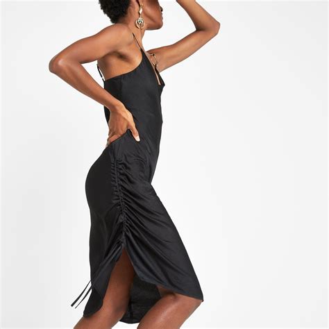 River Island Ruched Side Slip Dress in Black | Lyst UK