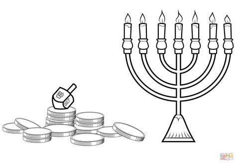 Hanukkah Menorah, Dreidel and Gelt coloring page | Free Printable Coloring Pages