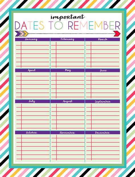 Free Printable Dates to Remember Log | Free printables, Organizational ...