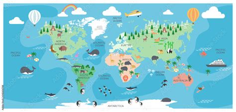 The world map with cartoon animals for kids, nature, discovery and continent name, ocean name ...