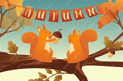 Premium Vector | Squirrels on a tree autumn background in a cartoon style A couple of cute ...